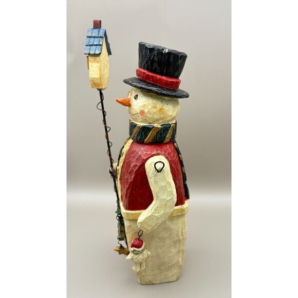 Vintage Rustic Snowman Christmas Figurine with Birdhouse Carved Folk Art Style - Picture 4 of 10
